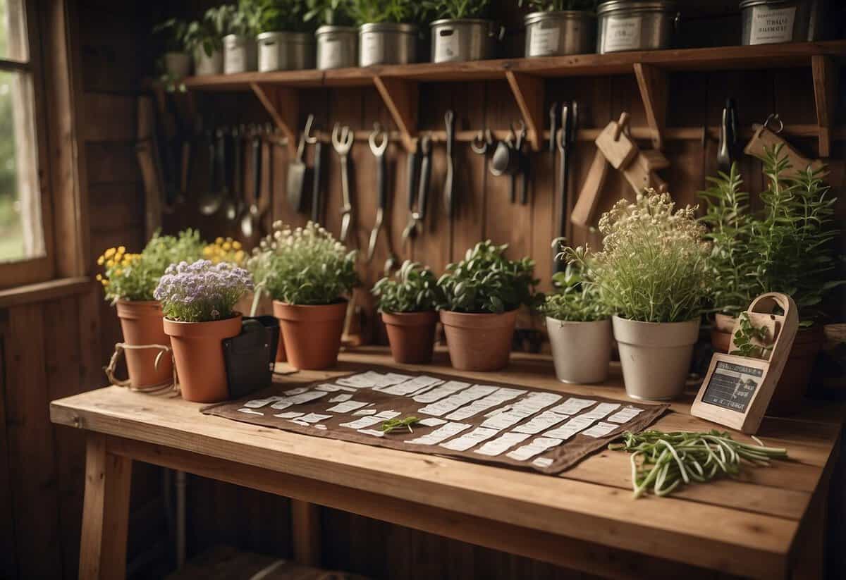 A cozy garden shed with a calendar hung on the wall, seed packets scattered on the table, and gardening tools neatly organized on hooks