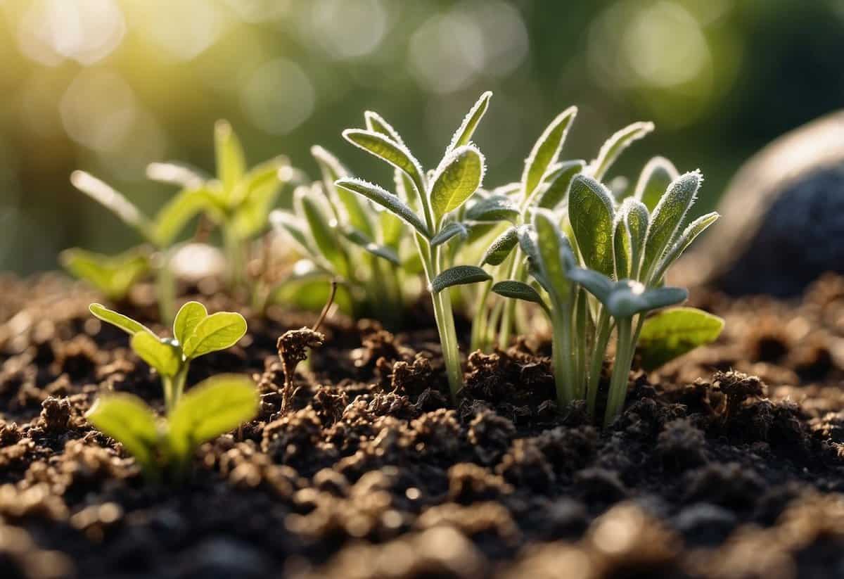 A garden with winter plants, soil, and tools. Pests like aphids, snails, and slugs are present. It's December, with a cold and frosty atmosphere