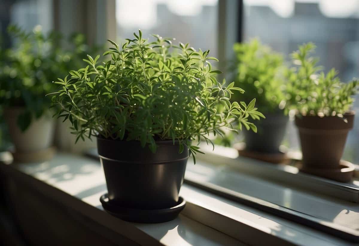 Lush green herbs grow indoors in December, soaking up the warm sunlight from a nearby window