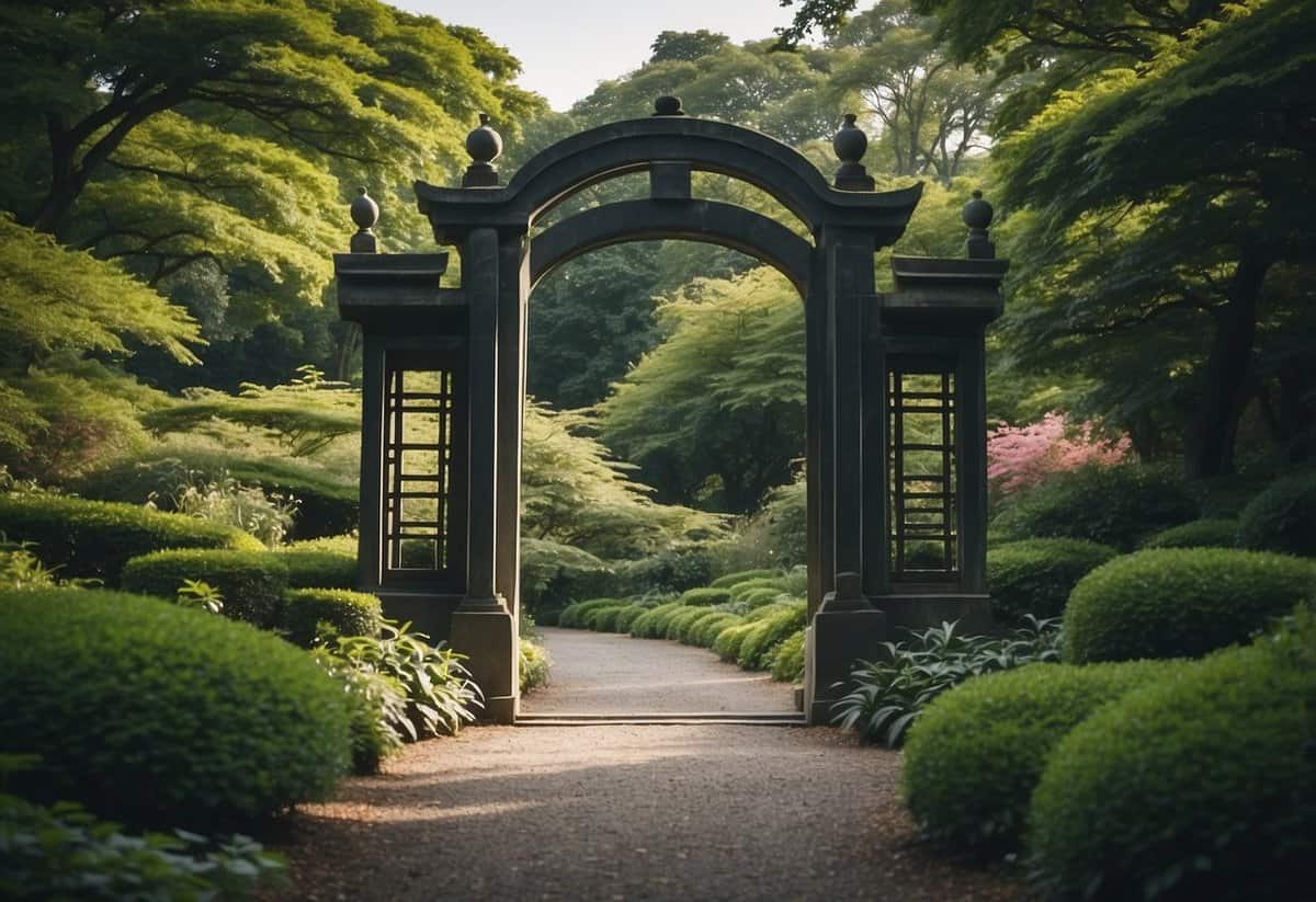 A serene Japanese gateway nestled among lush greenery at Kew Gardens