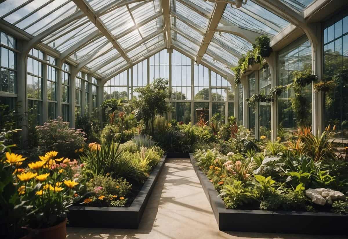 Lush greenery surrounds the Evolution House at Kew Gardens, with vibrant flowers and exotic plants on display. The glass structure reflects the sunlight, creating a warm and inviting atmosphere