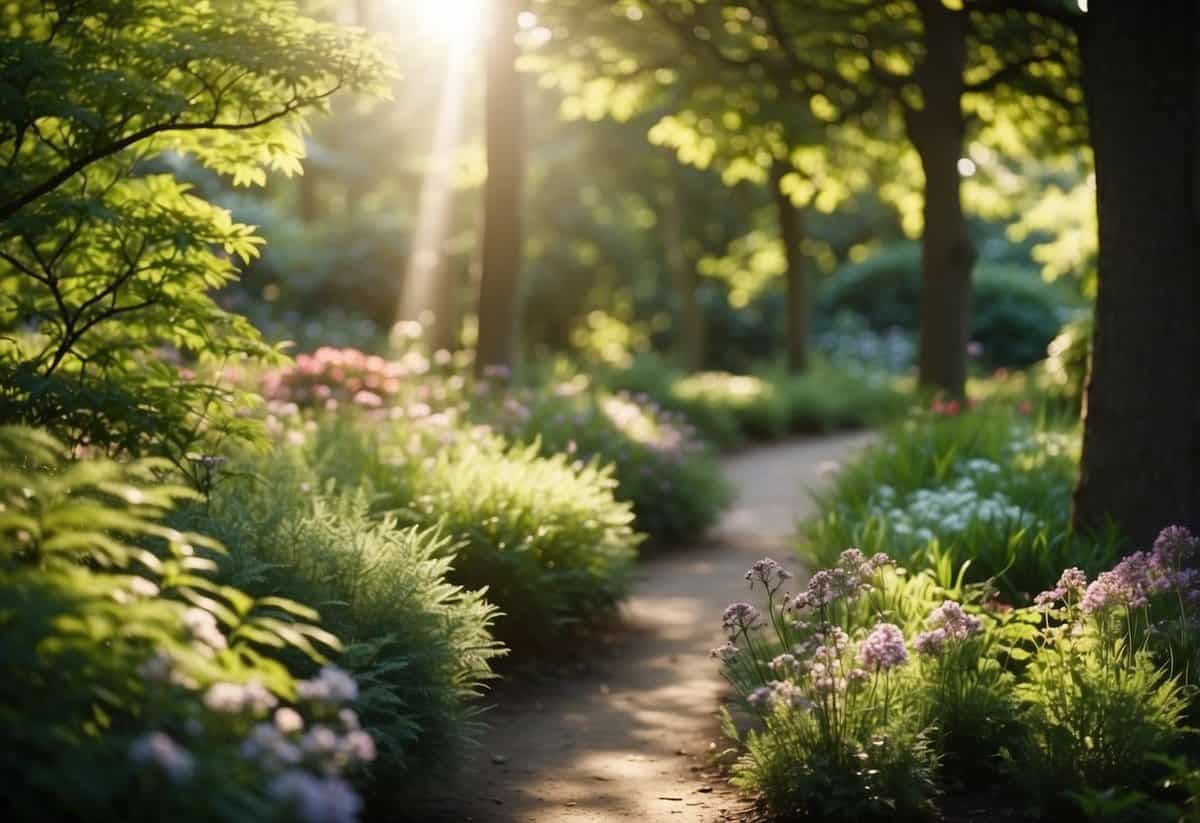 Sunlight filters through lush green foliage, illuminating colorful blooms and tranquil pathways at Kew Gardens