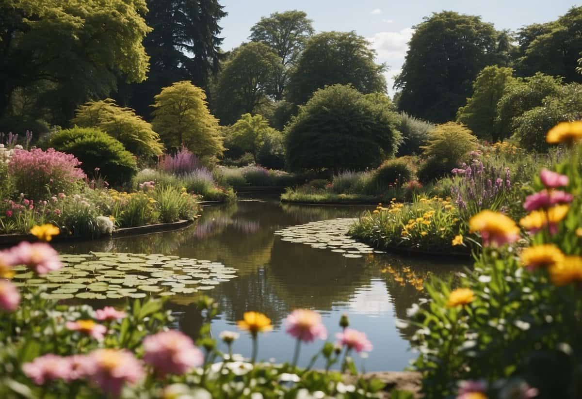 Lush greenery surrounds winding paths and colorful flowers in full bloom at Kew Gardens. A tranquil pond reflects the vibrant scenery, while butterflies flit among the blossoms