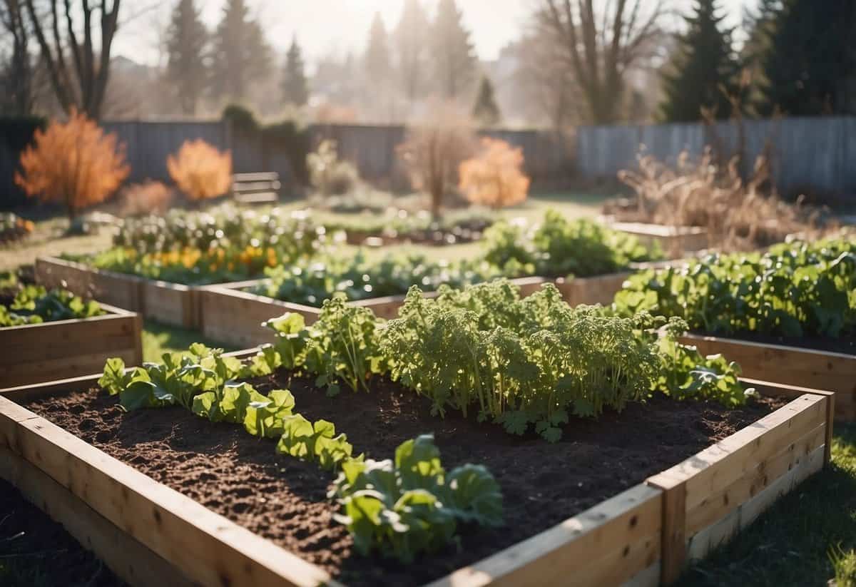 A sunny backyard with raised garden beds filled with winter vegetables and herbs, surrounded by frost-covered grass and bare trees