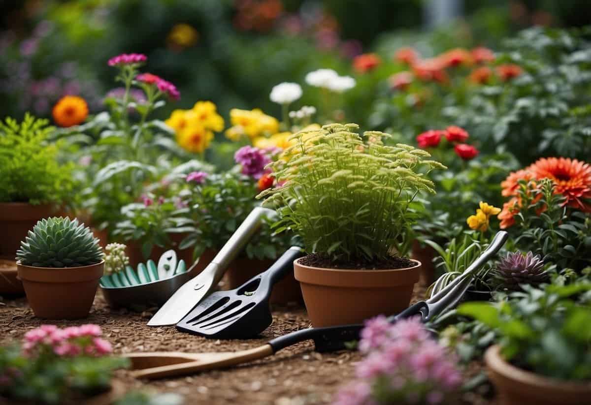 A colorful variety of plants arranged in a garden, with blooming flowers and lush green foliage. Plant tags and gardening tools are scattered around the scene