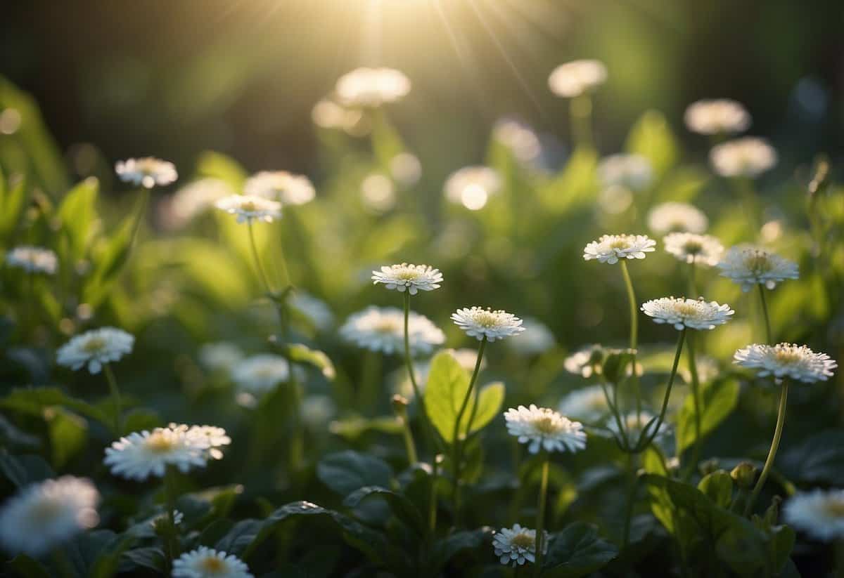 Lush green garden with blooming flowers, dew on leaves, and sunlight streaming through