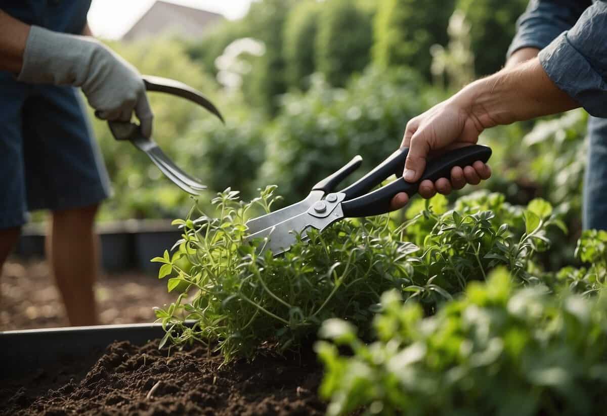 A pair of gardening shears cutting back overgrown herbs and vegetables in a well-maintained kitchen garden