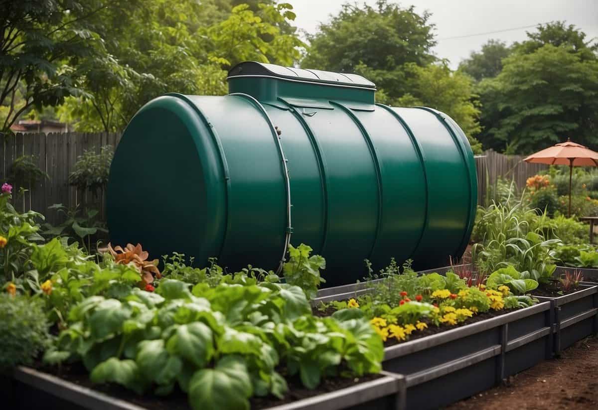 A rainwater tank sits next to a thriving kitchen garden, with lush green plants and colorful vegetables growing in neatly organized rows