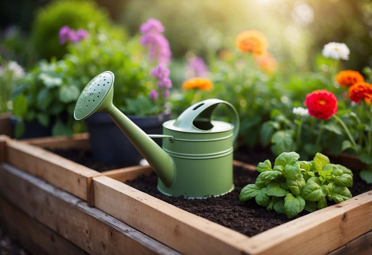 Lush green herbs and vegetables thrive in neatly organized raised beds, surrounded by a border of colorful flowers. A small watering can sits nearby, ready for use