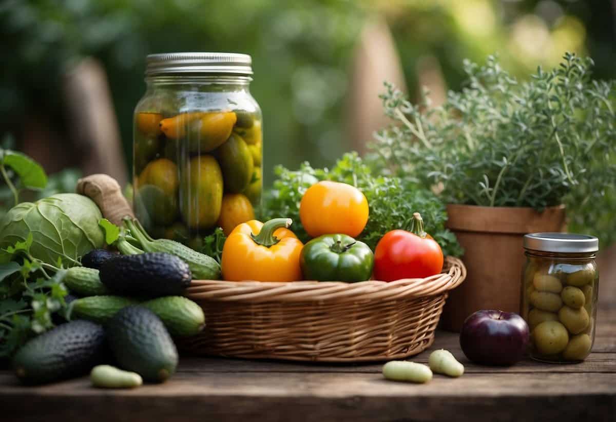 Lush garden with ripe vegetables and herbs, a basket filled with freshly picked produce, a pair of gardening gloves, and a small table with jars of homemade preserves and pickles