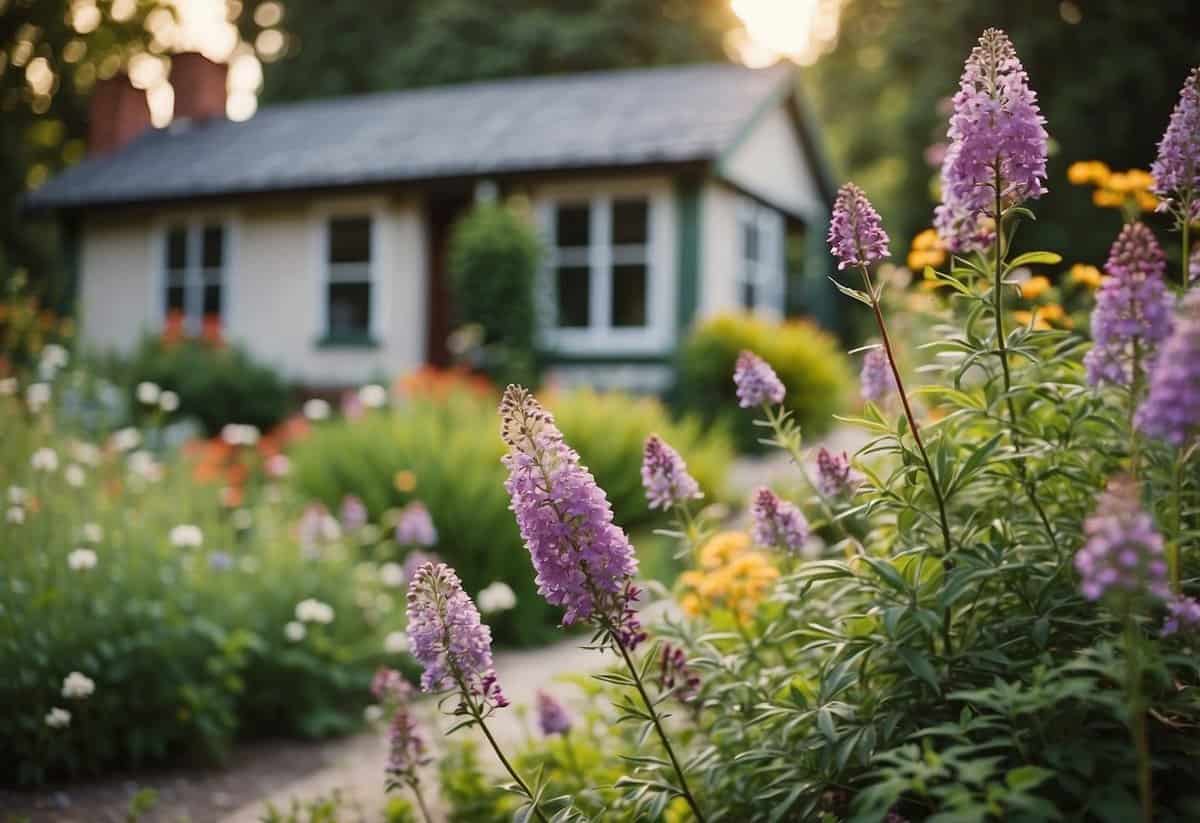 A cottage garden filled with native plants in full bloom, featuring a variety of colors and textures arranged in a natural and inviting manner