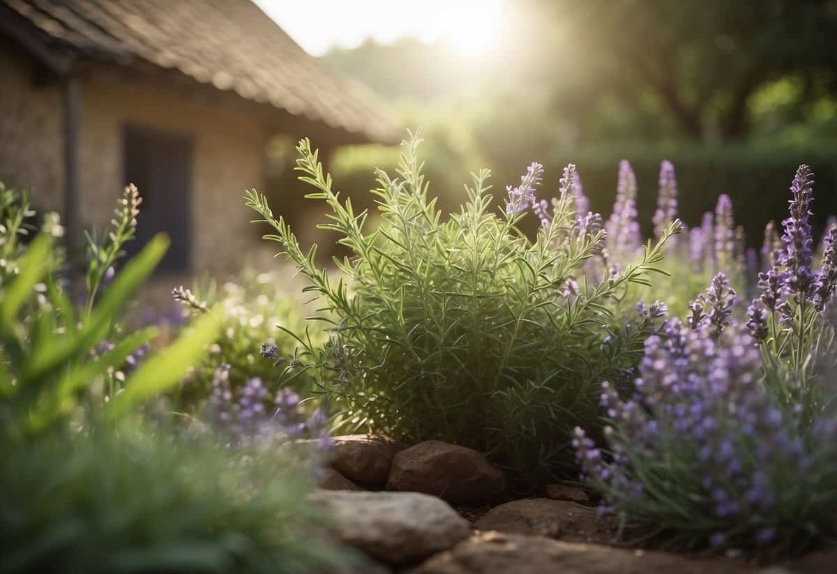 Lush green herbs fill a quaint cottage garden, their fragrant leaves swaying gently in the breeze. Rosemary, lavender, and thyme create a sensory oasis