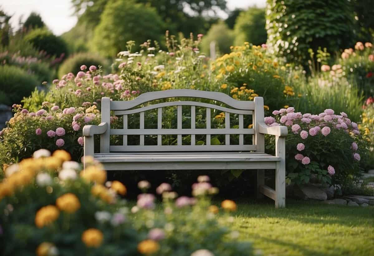 A garden bench sits amidst blooming flowers and lush greenery, inviting visitors to relax and enjoy the peaceful cottage garden ambiance