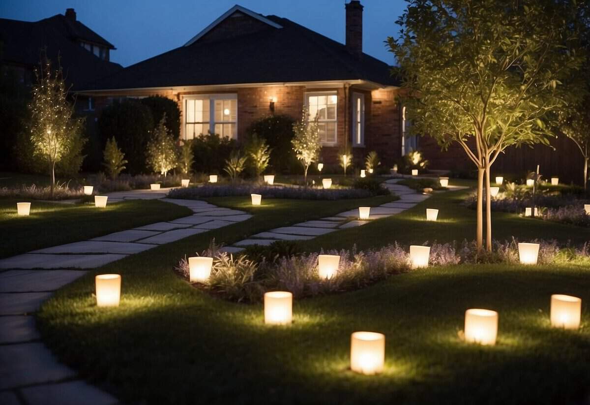 A well-lit garden with strategically placed lights highlighting key features and pathways, creating a warm and inviting ambiance for potential homebuyers