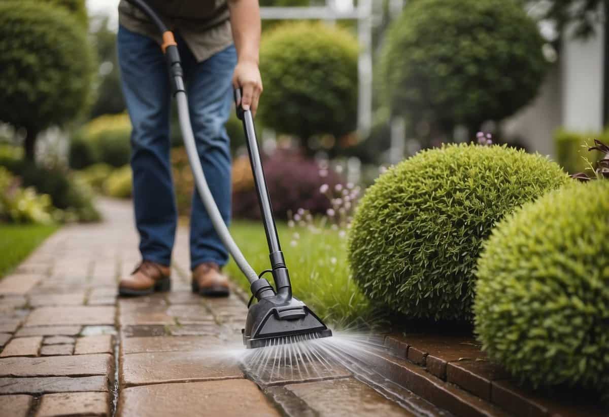 A power-washer cleans the walkways of a tidy garden, preparing the home for sale