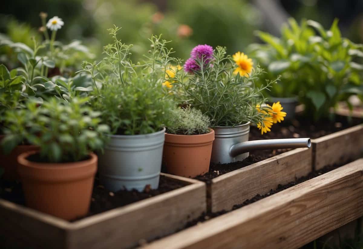 A variety of herbs arranged in a neatly organized garden bed, with colorful plant markers and a small watering can nearby