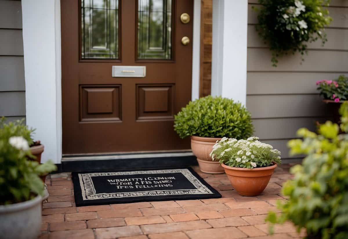 A welcome mat sits at the entrance of a cozy home, with a sign offering garden tips for selling the property