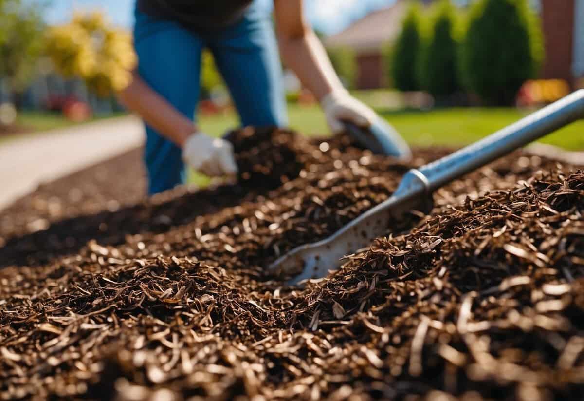 Fresh mulch being spread around flower beds, enhancing curb appeal for home sale