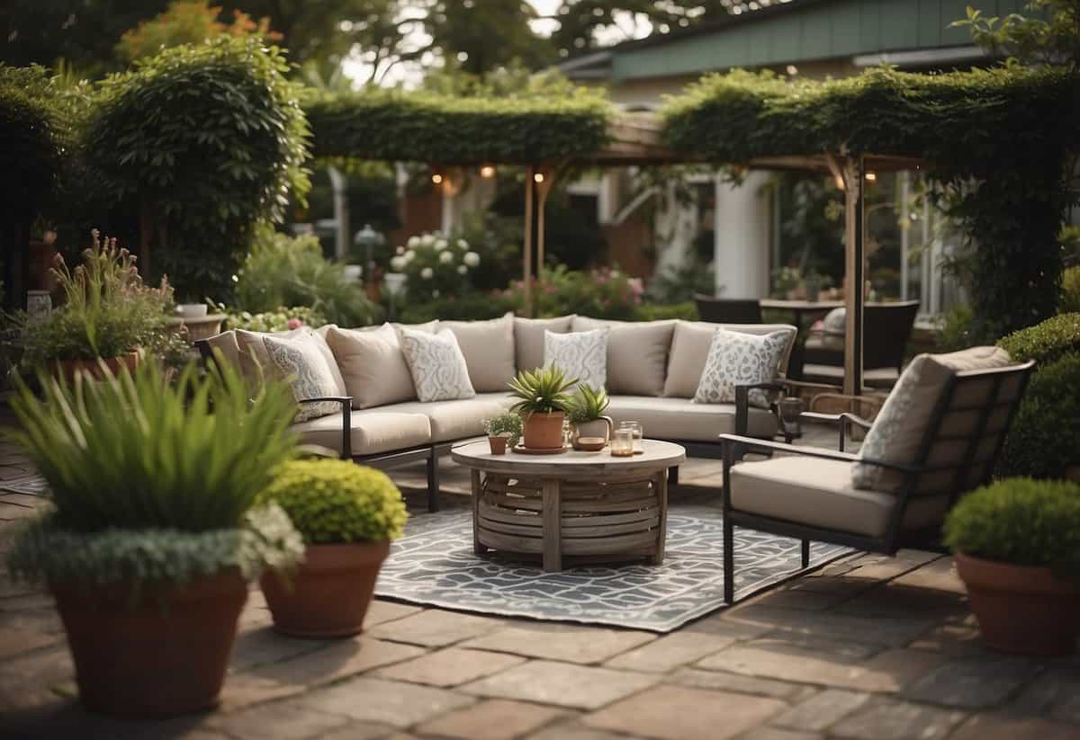 A cozy outdoor furniture set arranged in a well-maintained garden, with potted plants and decorative accents. A "For Sale" sign is visible in the background