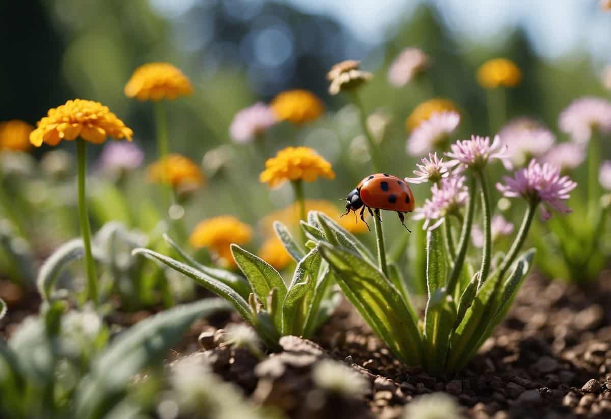 A garden with various plants and flowers, surrounded by natural pest control methods like ladybugs and bird feeders