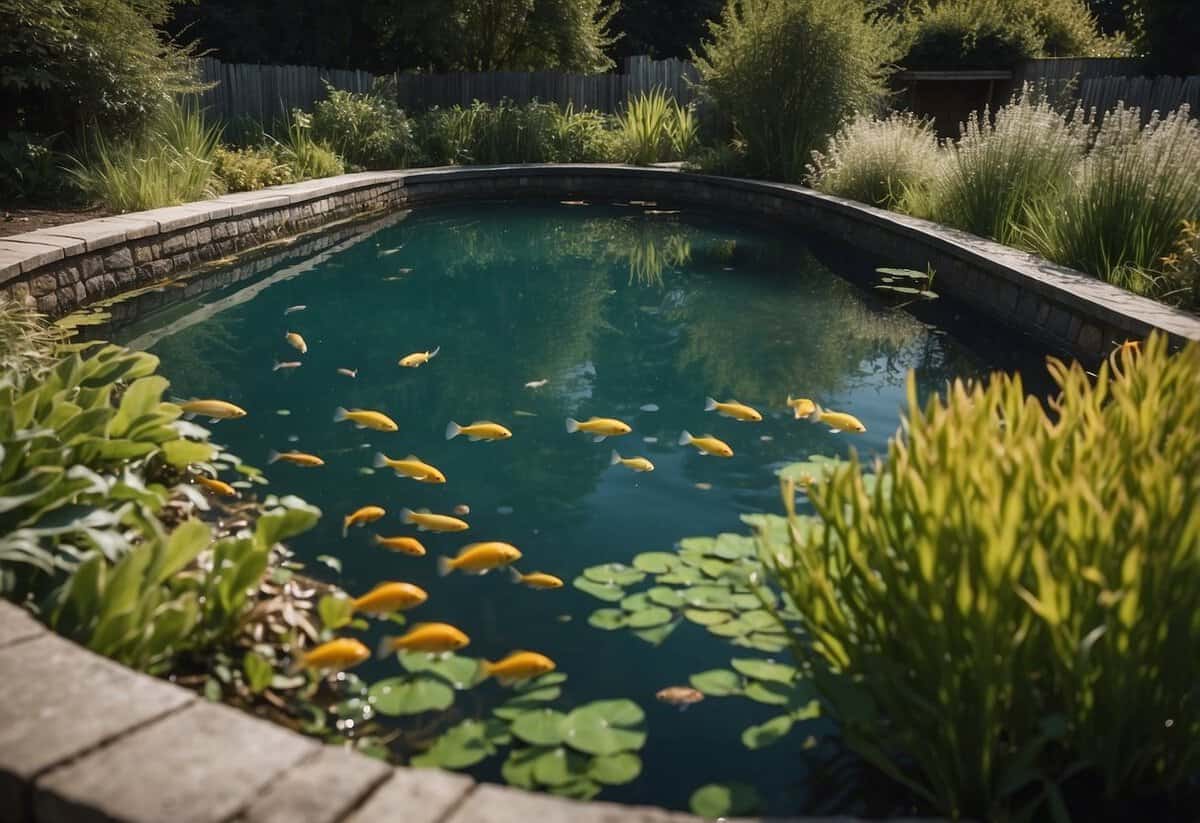 A garden pond with clear water and a variety of aquatic plants, with an appropriate number of fish swimming around