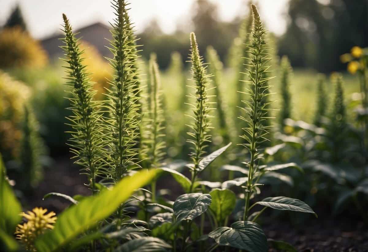 Tall plants staked for support in a tidy garden