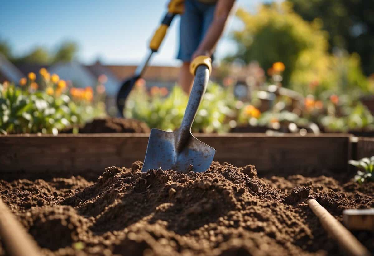 Lush soil being shoveled into a raised garden bed frame, with a backdrop of gardening tools and a clear blue sky