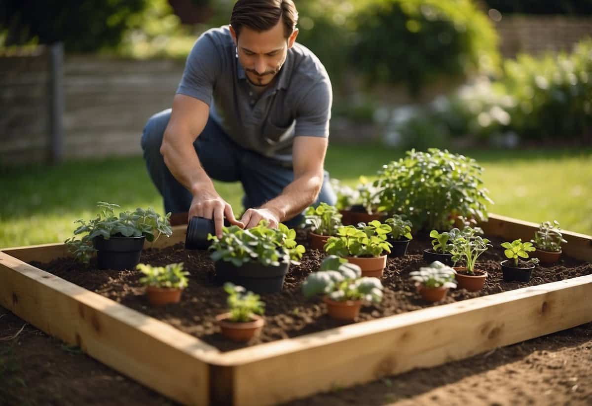 A person assembles a raised bed kit, following step-by-step instructions. Tools and materials are neatly arranged nearby. The sun shines down on the garden area, with lush green plants in the background