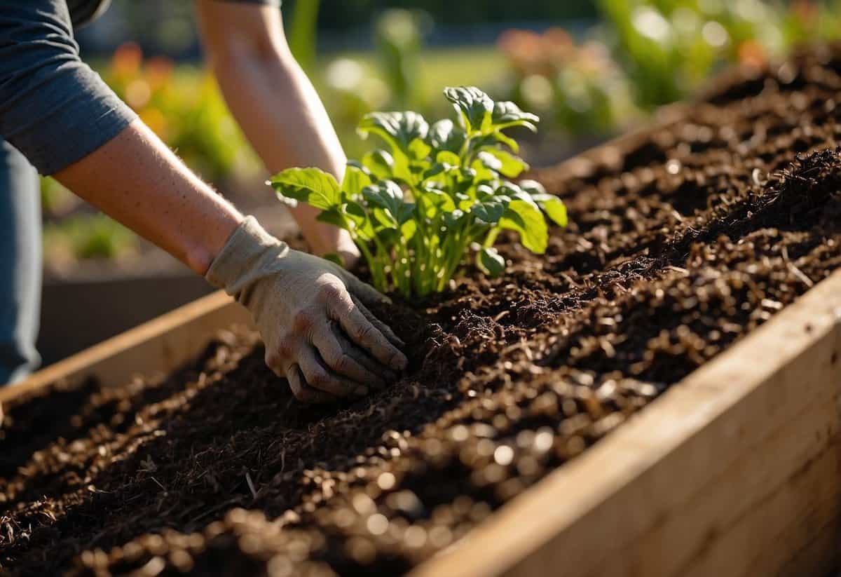 A person adds mulch to a raised garden bed to retain moisture. The mulch is being spread evenly across the soil within the bed