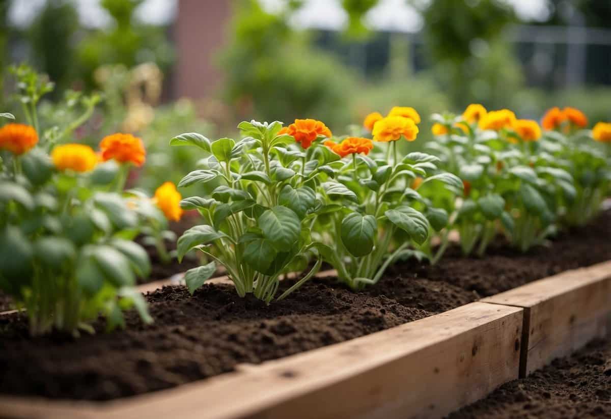 Various plants arranged in a raised garden bed following companion planting tips, such as tomatoes with basil and marigolds, creating a harmonious and productive growing environment