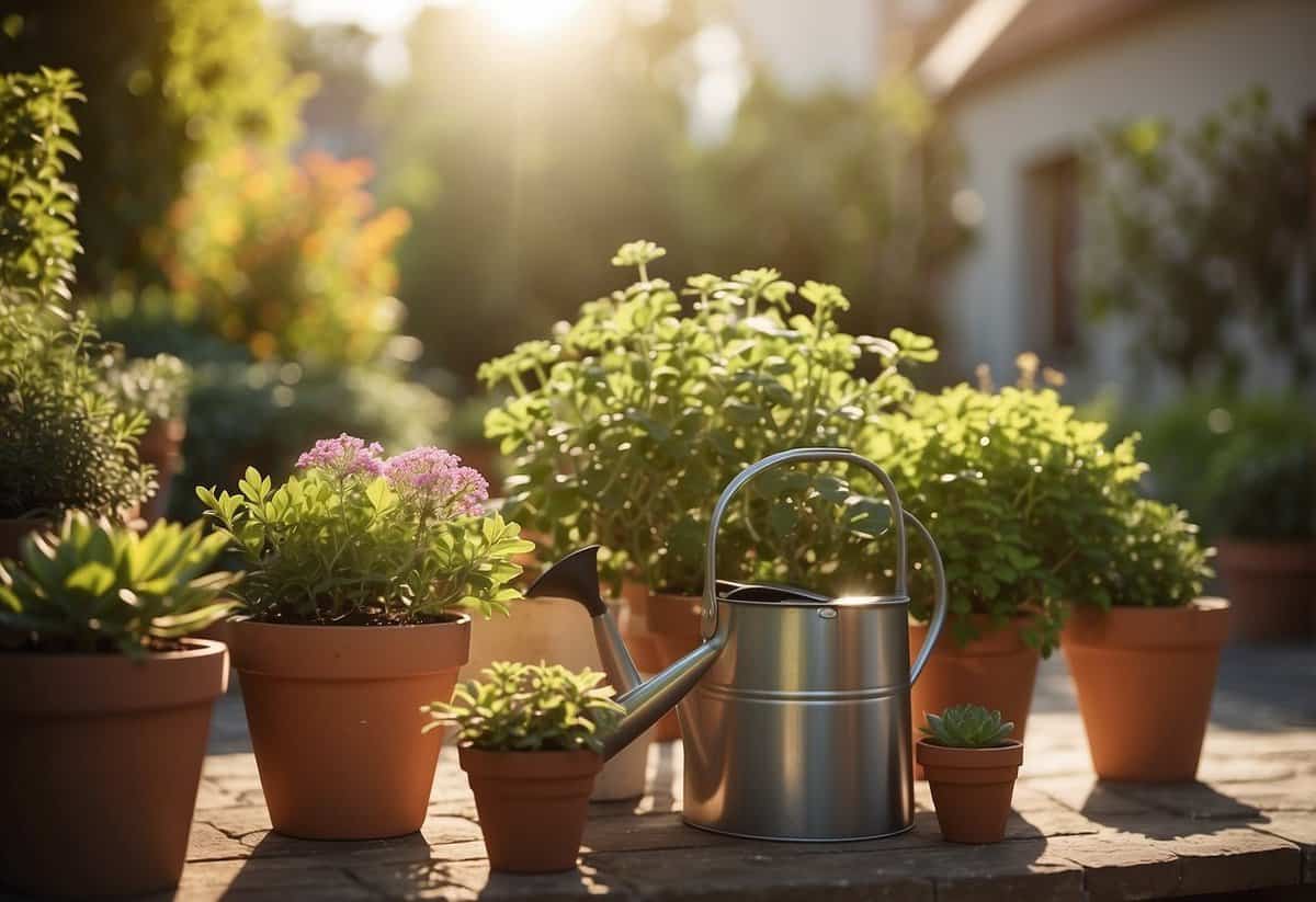 A sunny terrace garden with potted plants, watering can, and gardening tools. Bright sunlight and greenery create a peaceful and inviting atmosphere