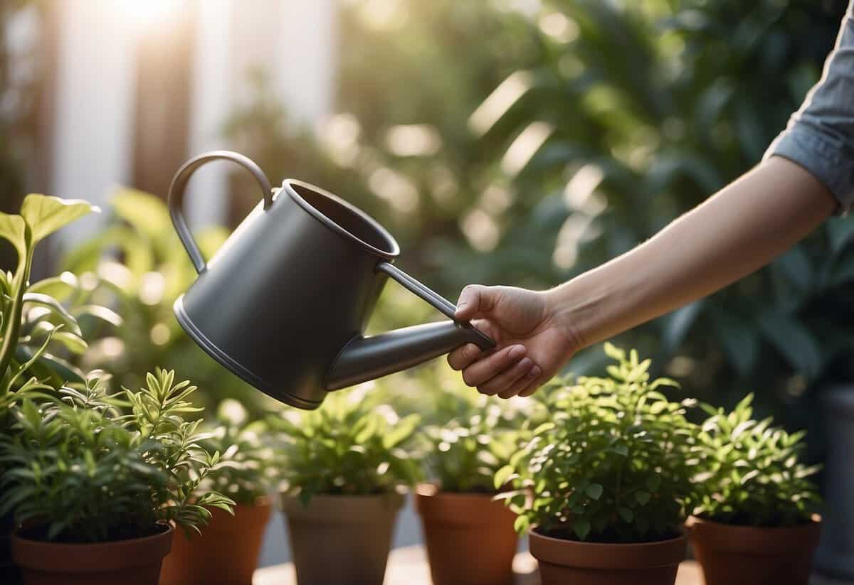 A hand reaching for a sleek, modern watering can on a sunny terrace, surrounded by potted plants and lush greenery