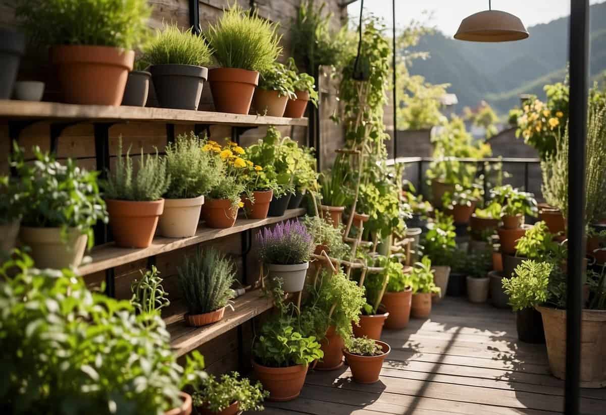 A small terrace with hanging planters, trellises, and vertical shelves filled with various herbs, flowers, and vegetables. The sun shines down on the lush greenery, creating a vibrant and inviting space for beginners to explore vertical gardening