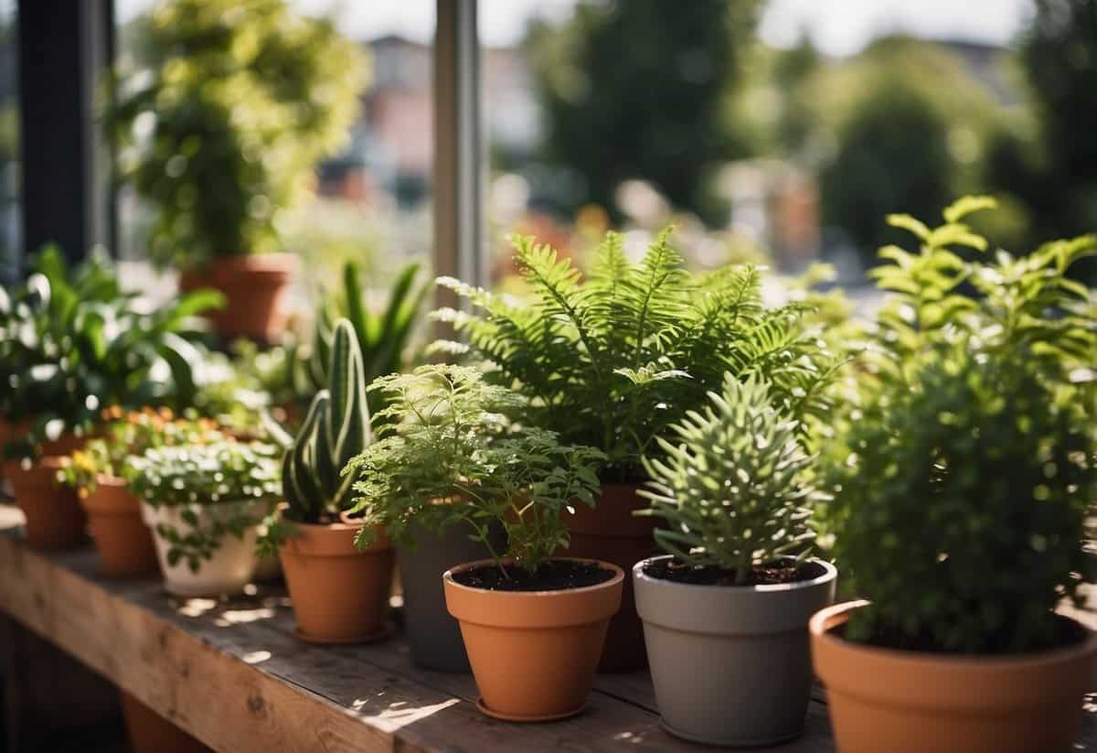 Lush green plants in pots on a sunny terrace. A small sign reads "Be Mindful of Pests - terrace garden tips for beginners."