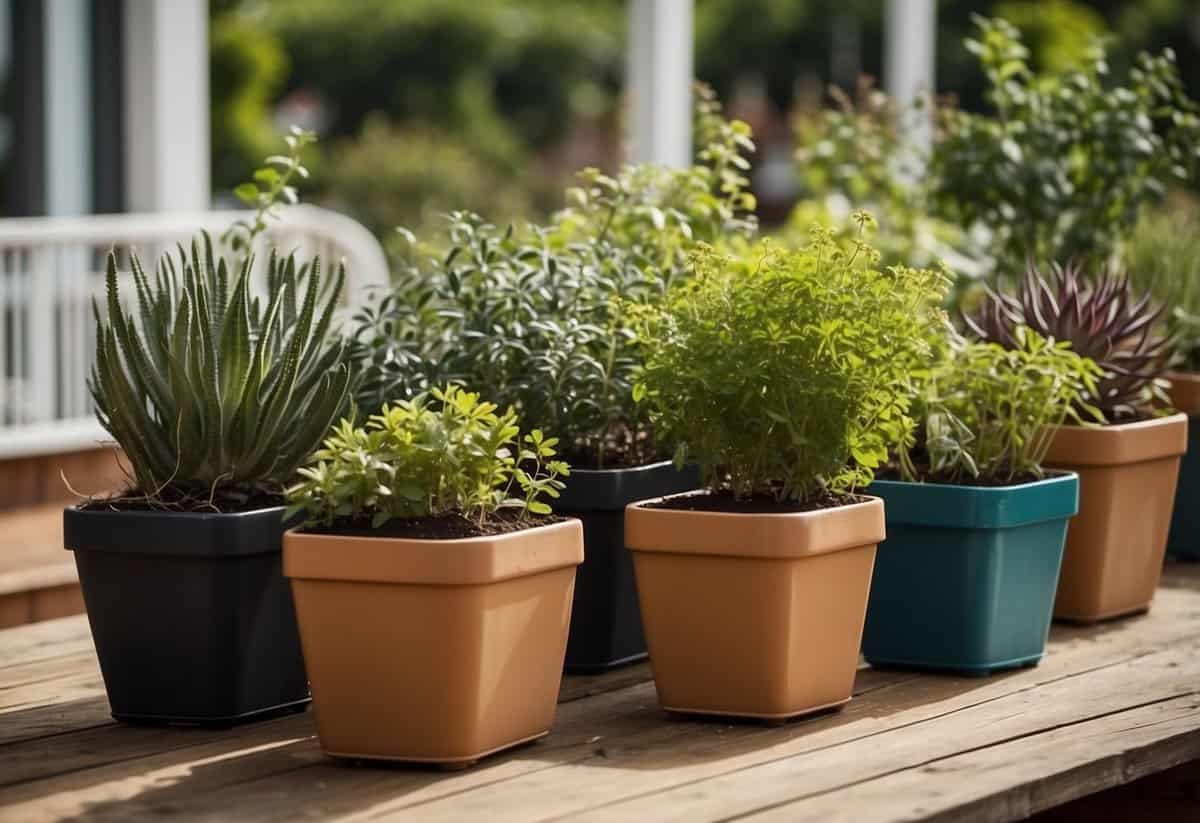 Containers of various sizes and shapes arranged on a terrace, filled with lightweight soil and vibrant plants. Tips for successful terrace gardening