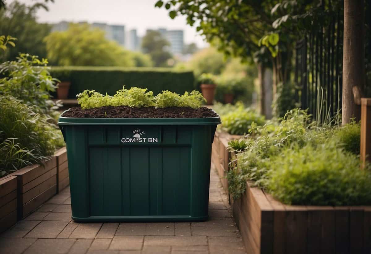 A compost bin sits on a terrace garden. Tips for maintaining the compost are displayed nearby. Greenery surrounds the area, creating a peaceful and sustainable environment