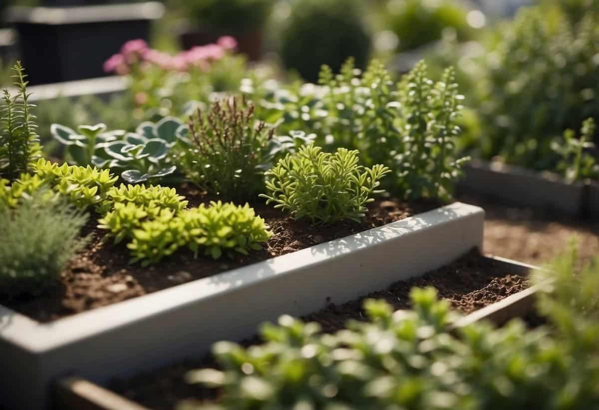 A terrace garden with mixed plants arranged in companion planting groups for natural pest control and improved soil health