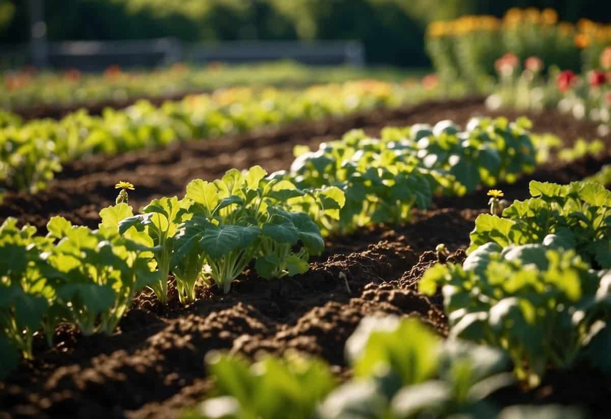 Lush green garden with rows of vibrant vegetables, basking in the warm sunlight. Bees buzzing around, pollinating the plants. Rich soil and healthy crops display the benefits of growing a vegetable garden