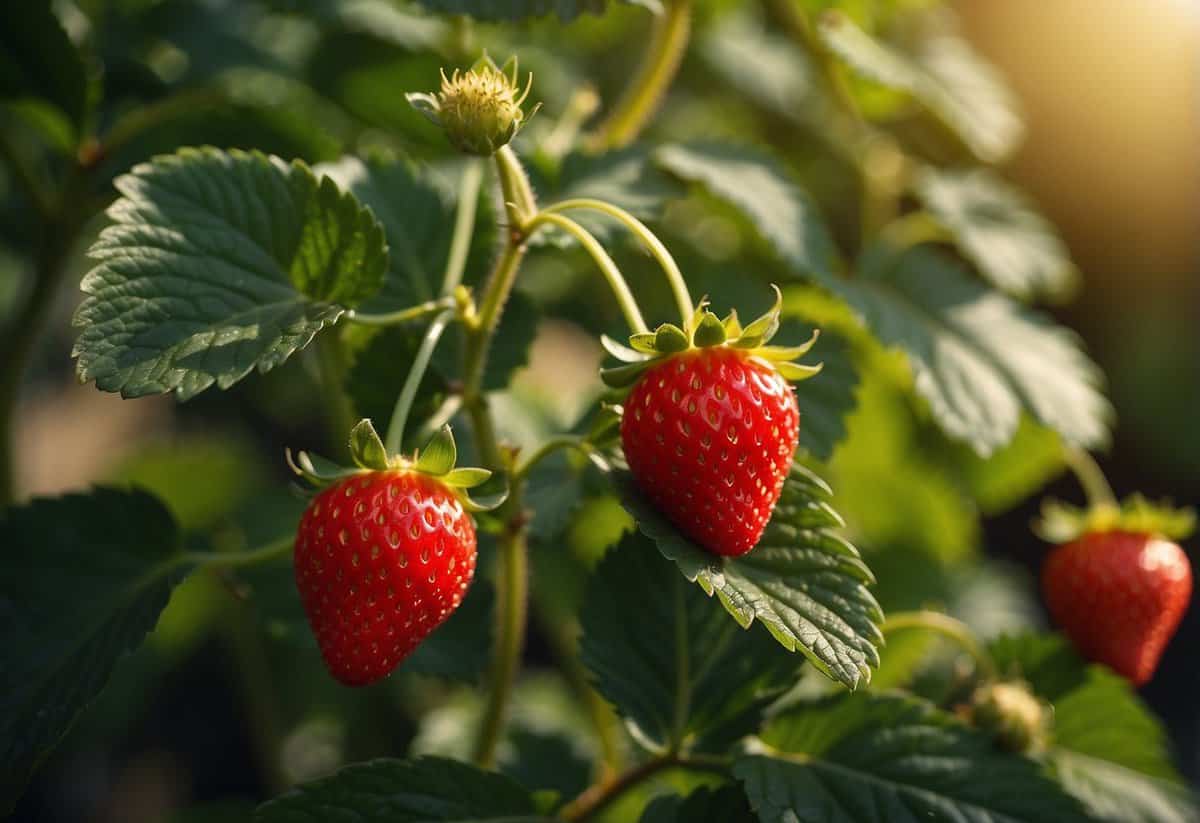 A vibrant strawberry plant basks in the warm sunlight, surrounded by lush green foliage and small, ripening berries