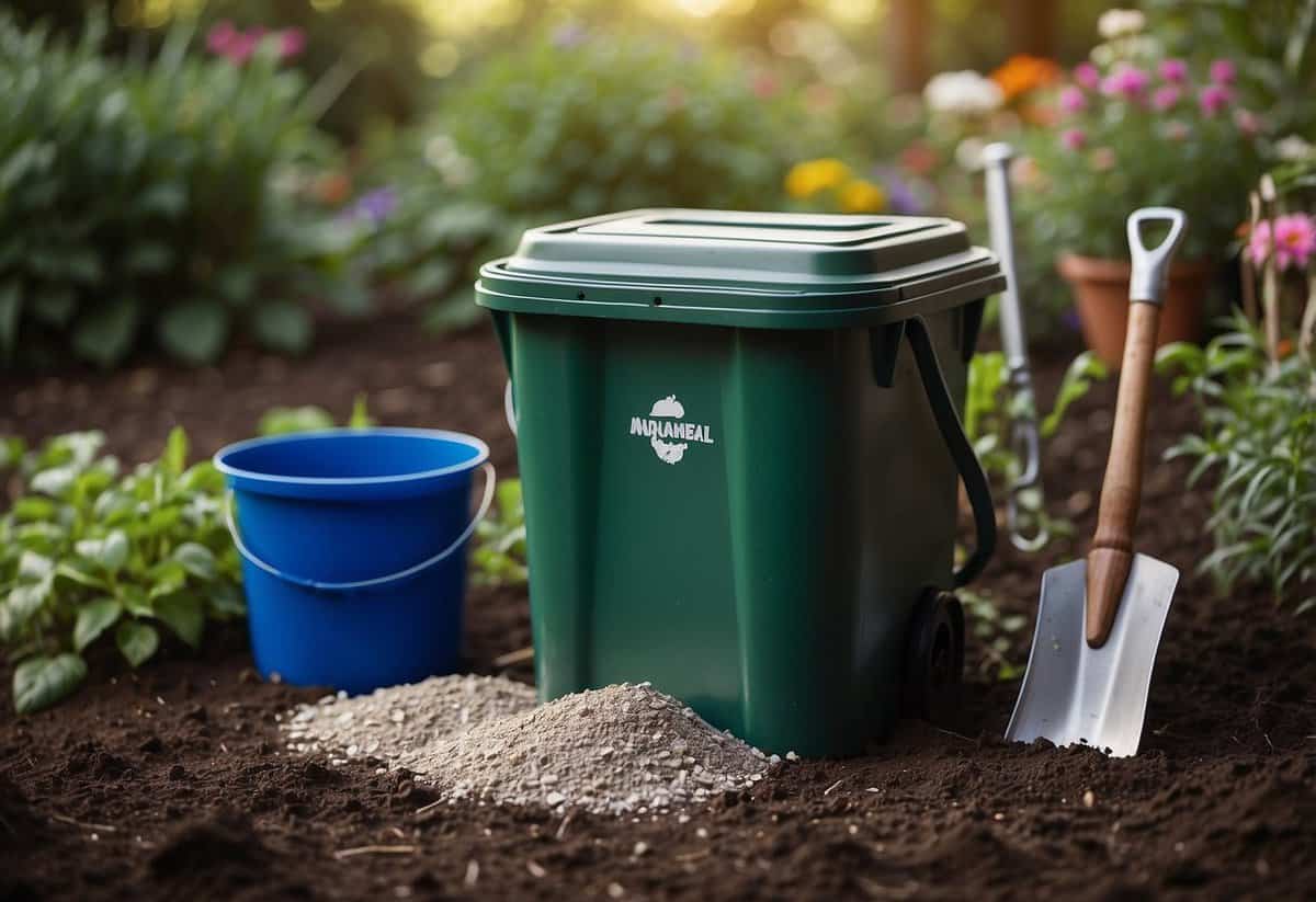 Compost bins with baking soda, surrounded by garden tools