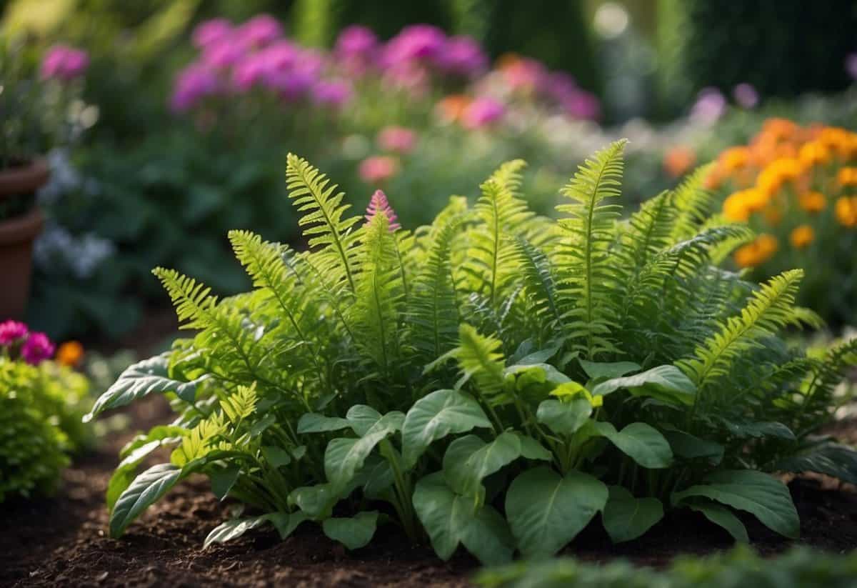 Lush green plants thrive in well-maintained garden beds, with vibrant flowers and healthy foliage