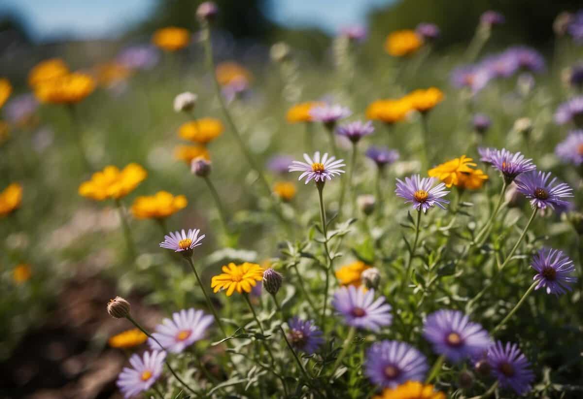 A vibrant wildflower garden blooms with a variety of colorful and native flowers, surrounded by a water-efficient irrigation system