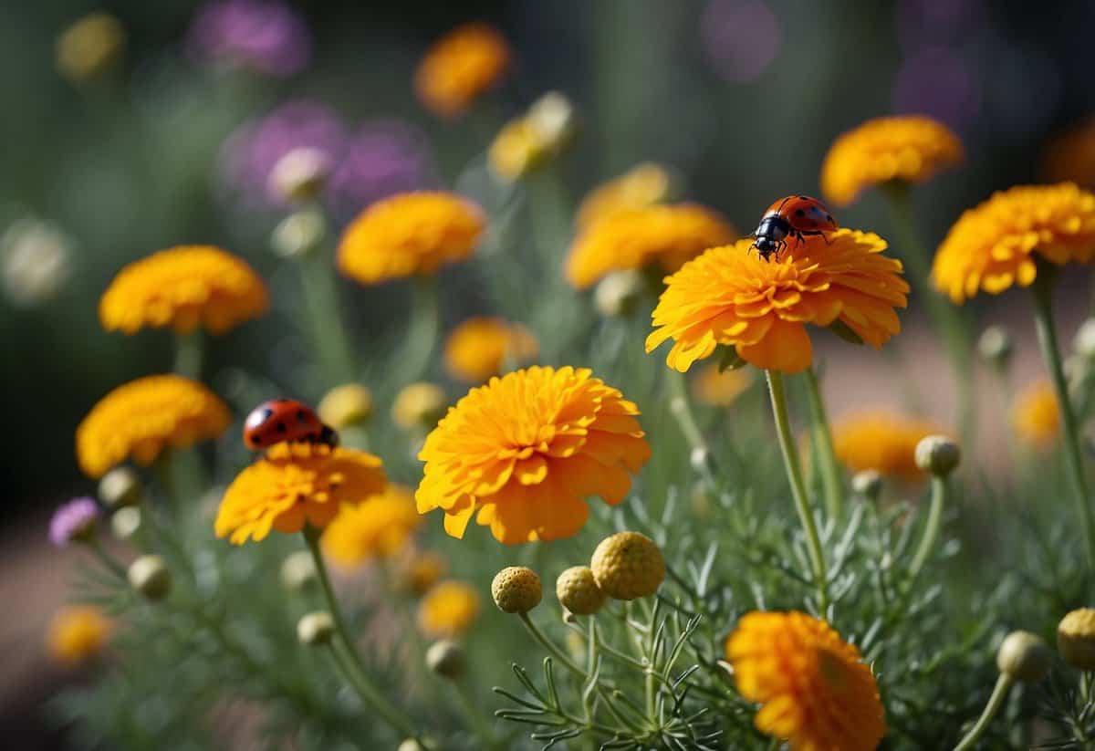 A vibrant wildflower garden thrives with marigolds and dill intertwined, while ladybugs and bees buzz around in harmony