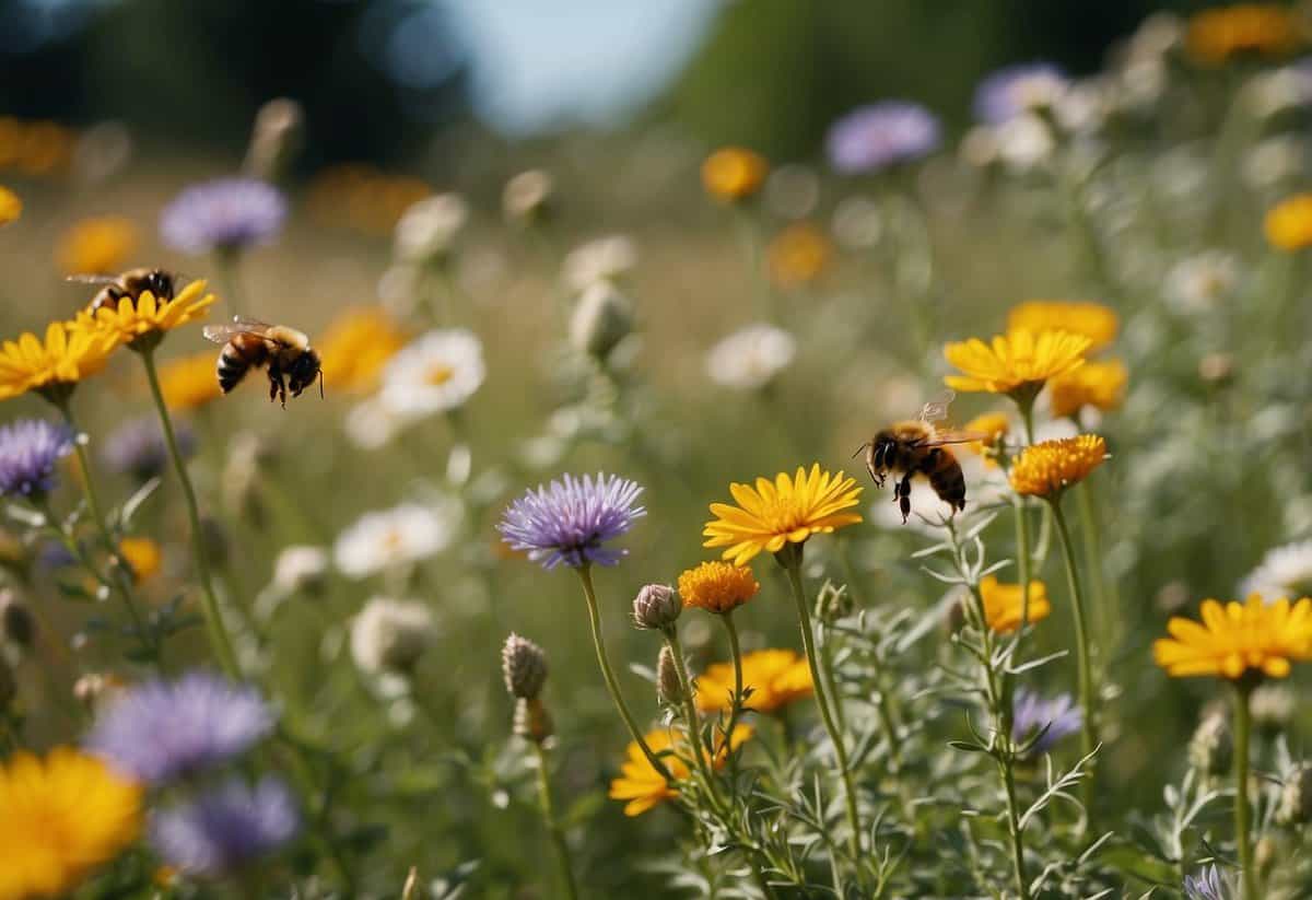 Colorful wildflowers bloom in a vibrant garden, surrounded by signs warning against chemical pesticides. Bees and butterflies flit among the flowers, creating a picturesque and eco-friendly scene