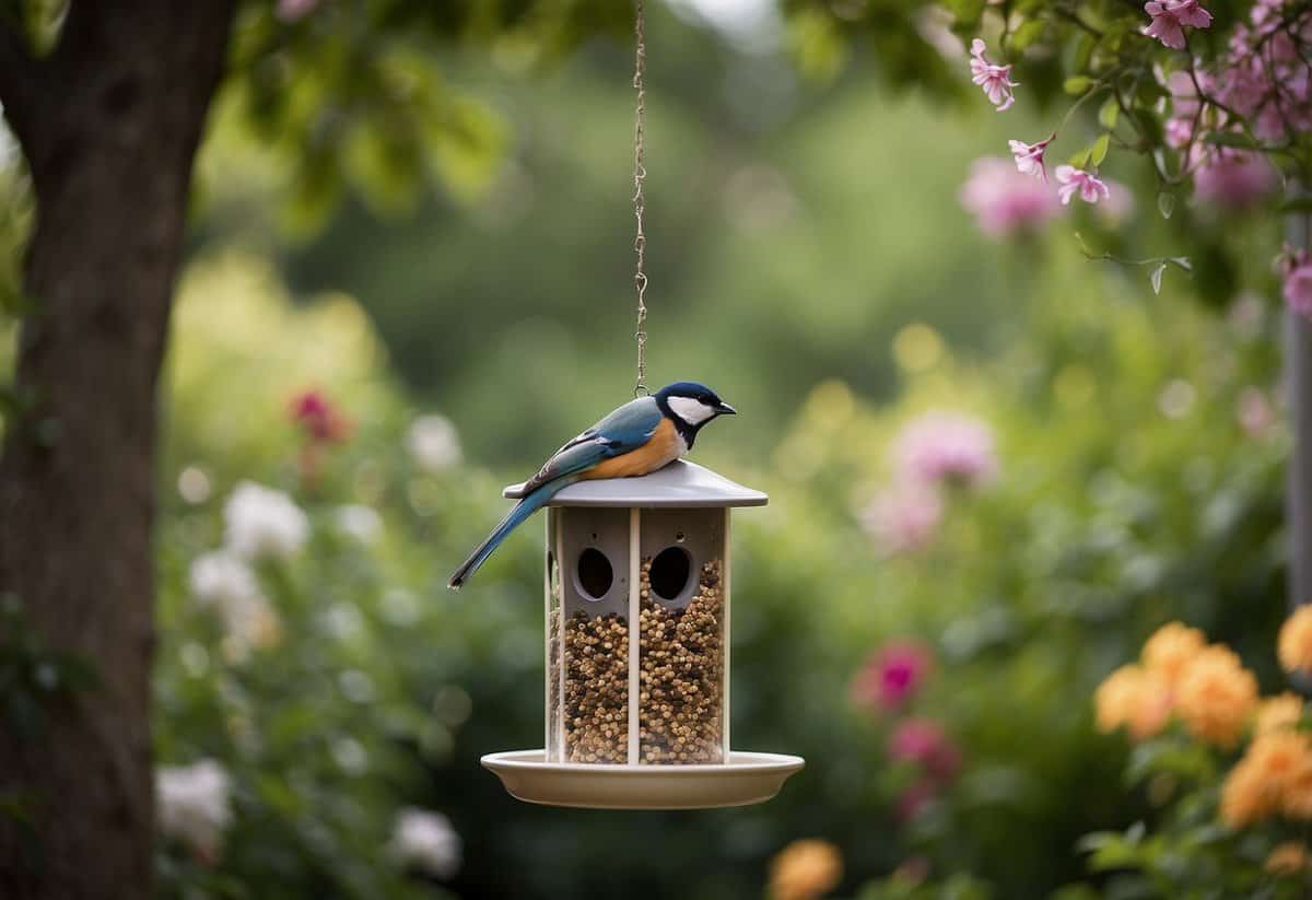 A bird feeder hangs from a tree in a lush front garden, surrounded by colorful flowers and greenery. A variety of birds gather around, pecking at the seeds and enjoying the peaceful setting