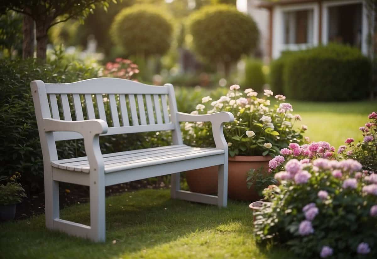 A garden bench is being installed in a front garden. The bench is positioned under a tree with colorful flowers and surrounded by lush greenery