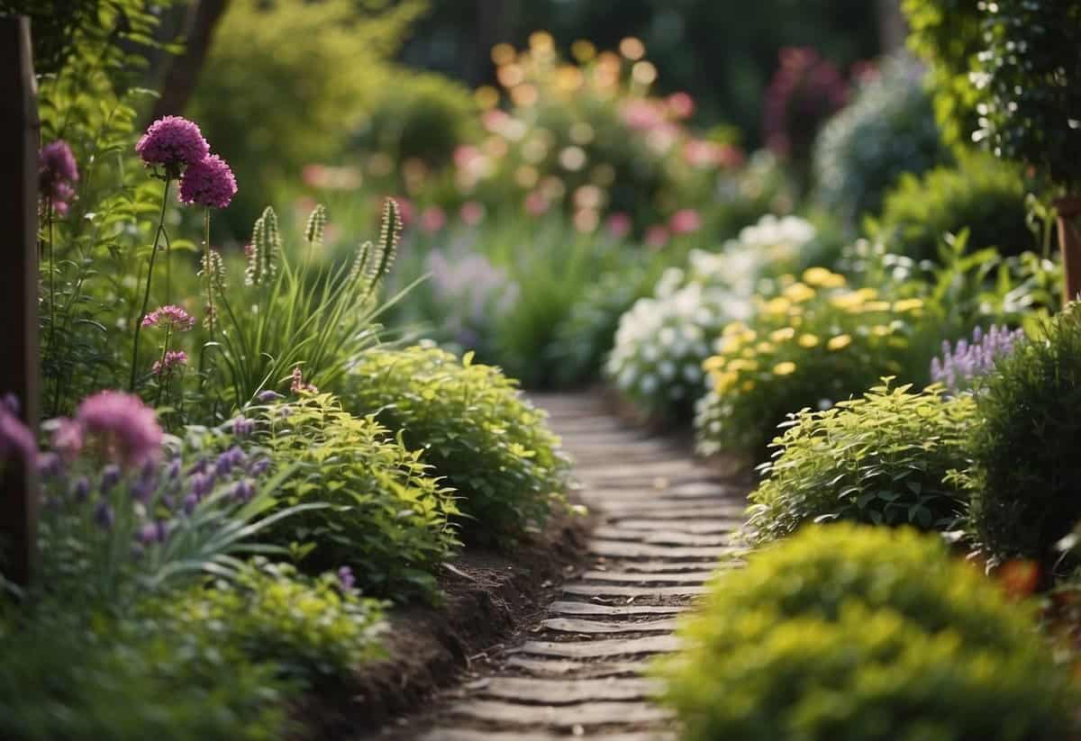 Lush green garden with well-drained soil, blooming perennials, and clear pathways