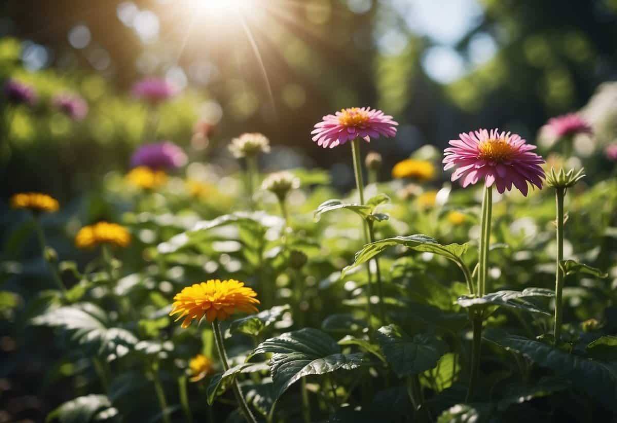 Lush garden with vibrant flowers and green foliage, watered sparingly but deeply, under a bright sun