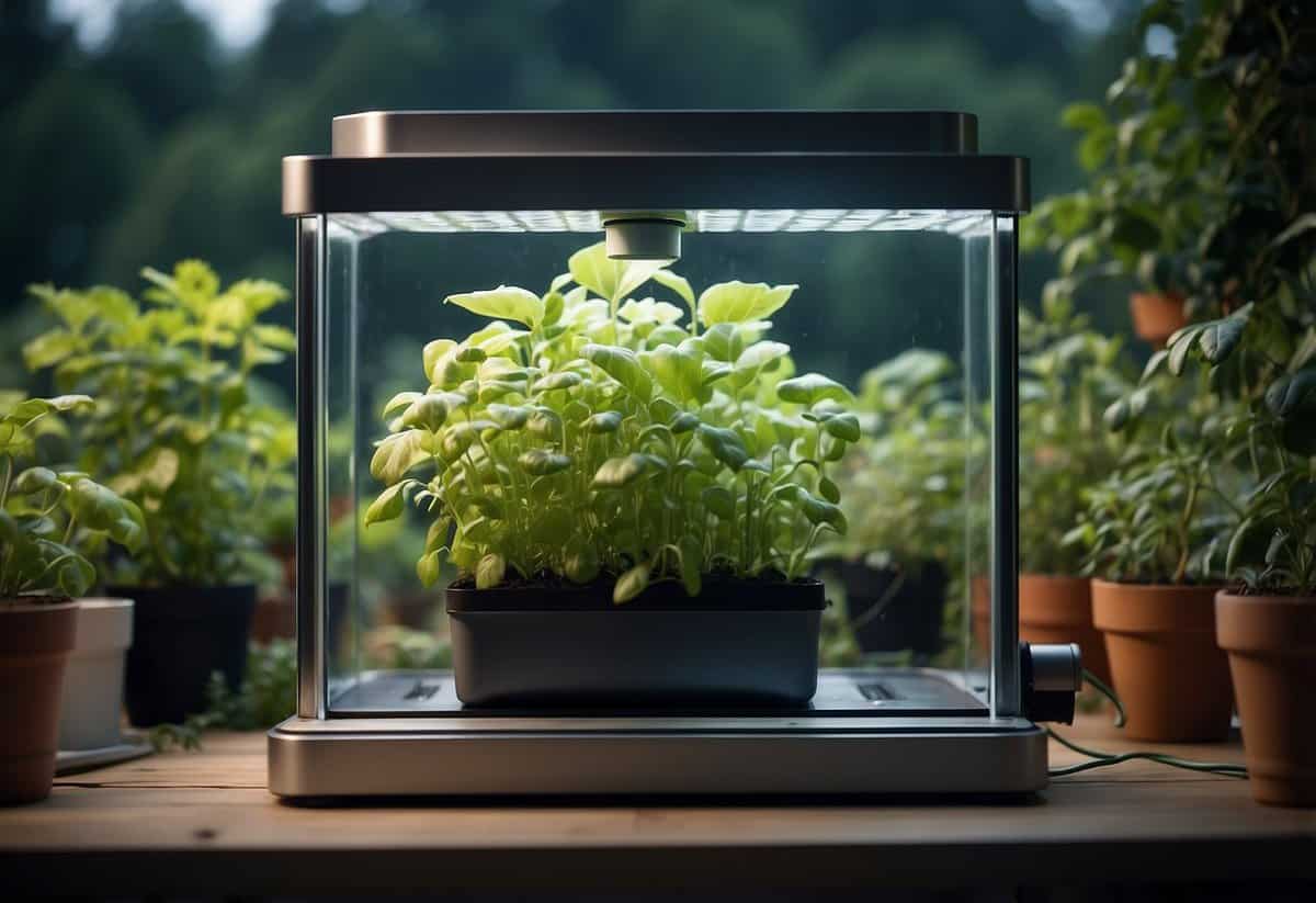 A tower garden with a water level monitor tipping over