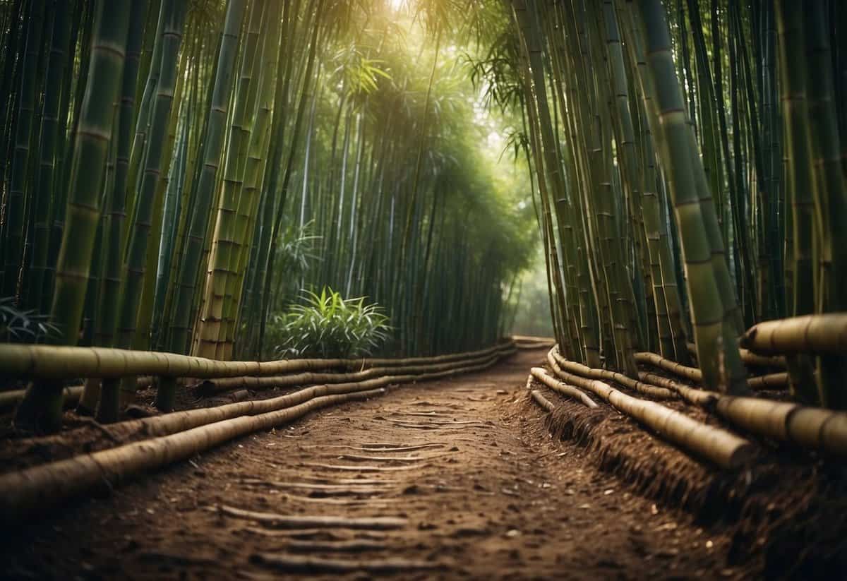 Lush bamboo garden with rich, well-draining soil. Varied textures and colors create a serene, natural atmosphere